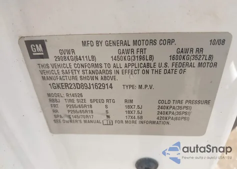 2009 GMC Acadia Slt-1 z USA, uszkodzony, nr VIN 1GKER23D89J162914